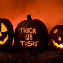 Three jack-o-lanterns carved with faces and the words "Trick or Treat"